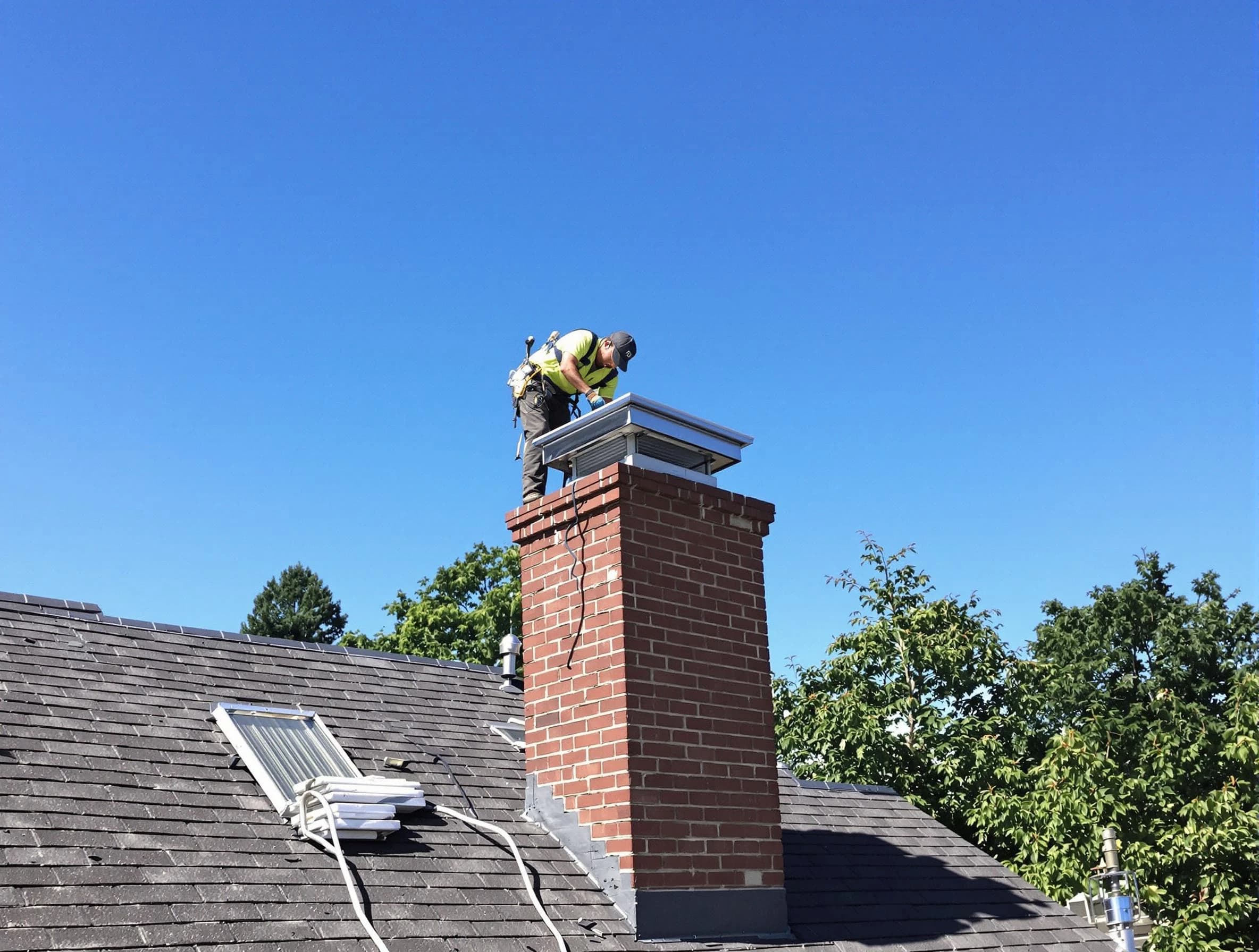 Chelmsford Chimney Sweep technician measuring a chimney cap in Chelmsford, MA