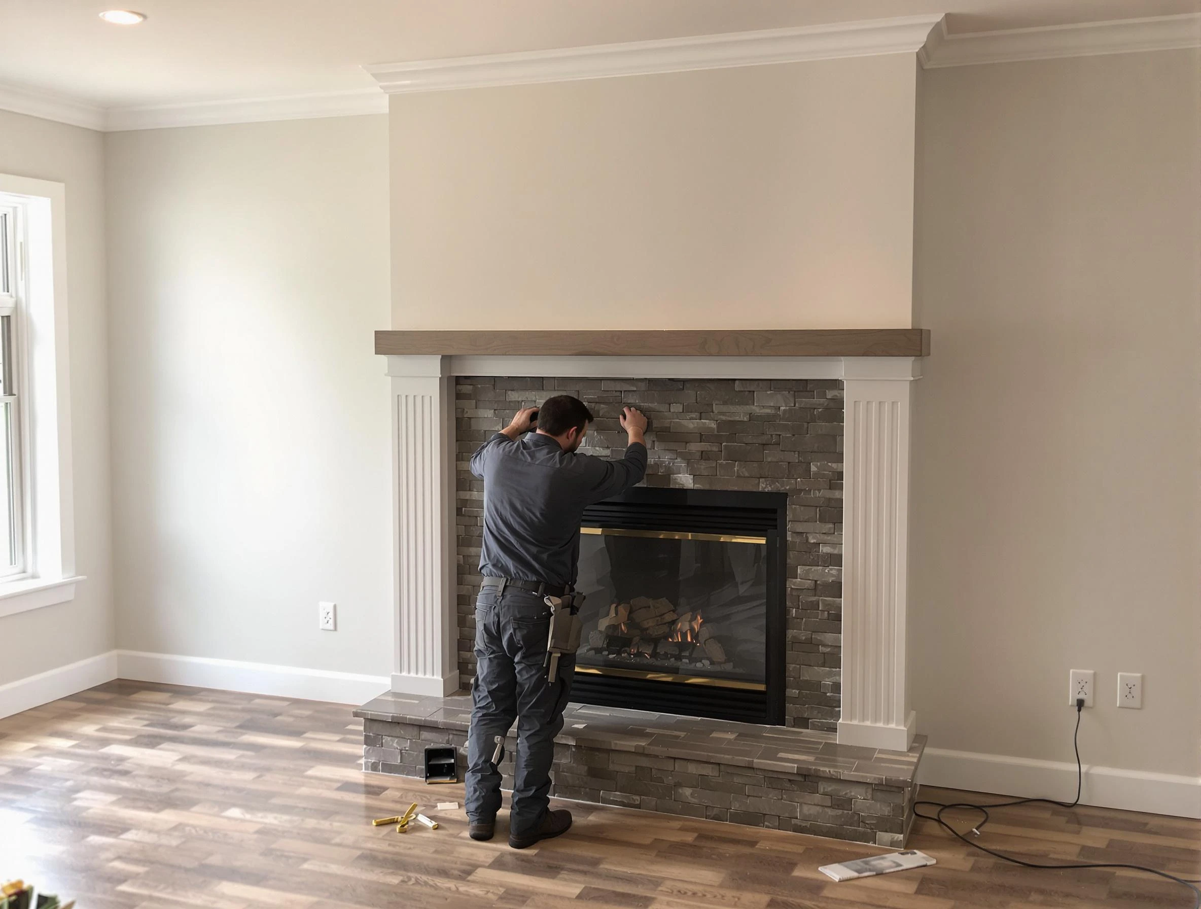 Chelmsford Chimney Sweep finishing a custom fireplace install in Chelmsford, MA